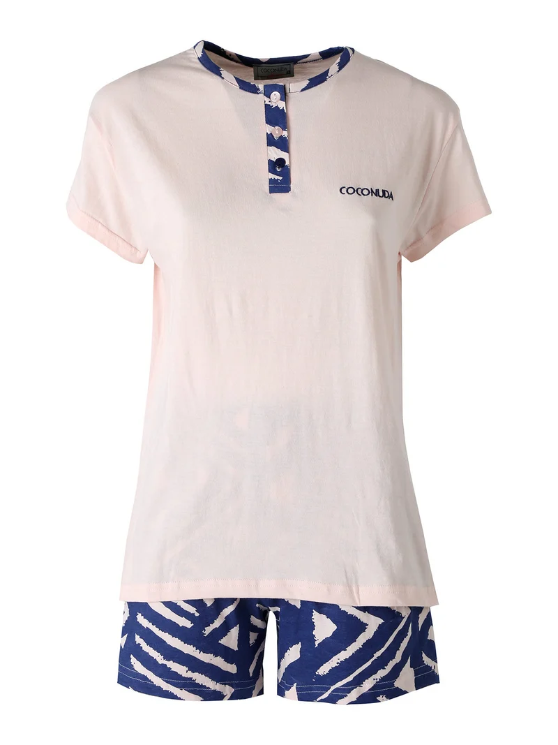 Pigiama corto da donna in cotone con t-shirt e shorts a stampa - rosa