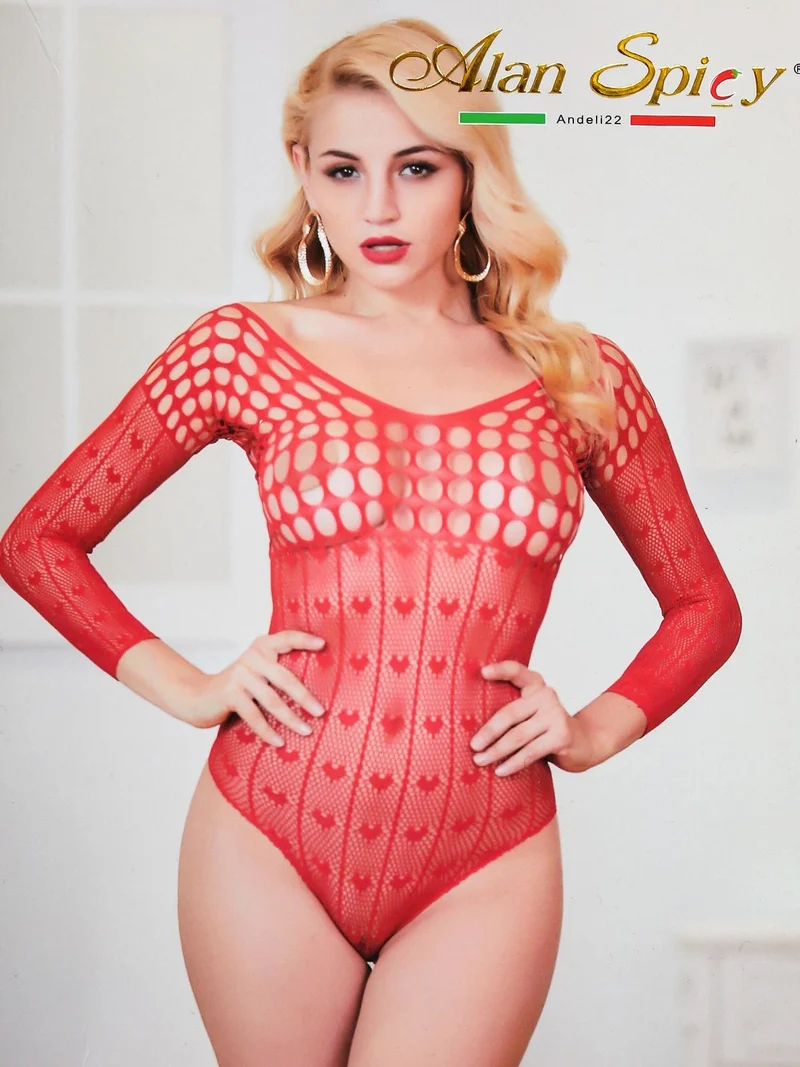 Body sexy a rete manica lunga - rosso