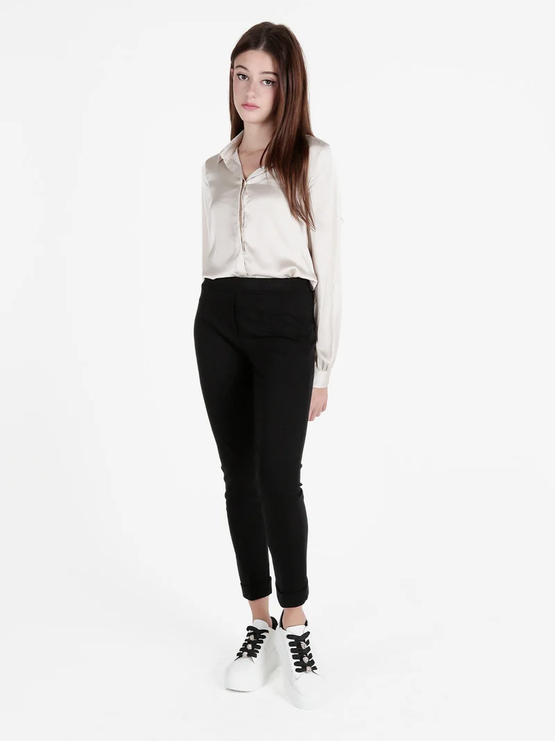 Pantaloni donna a sigaretta con risvolto - nero
