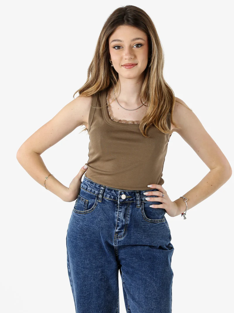 Top donna in cotone con pizzo - marrone