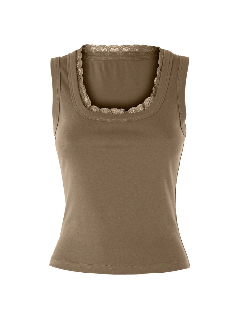 Top donna in cotone con pizzo - marrone