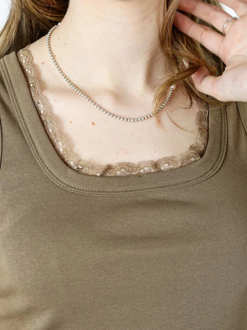 Top donna in cotone con pizzo - marrone