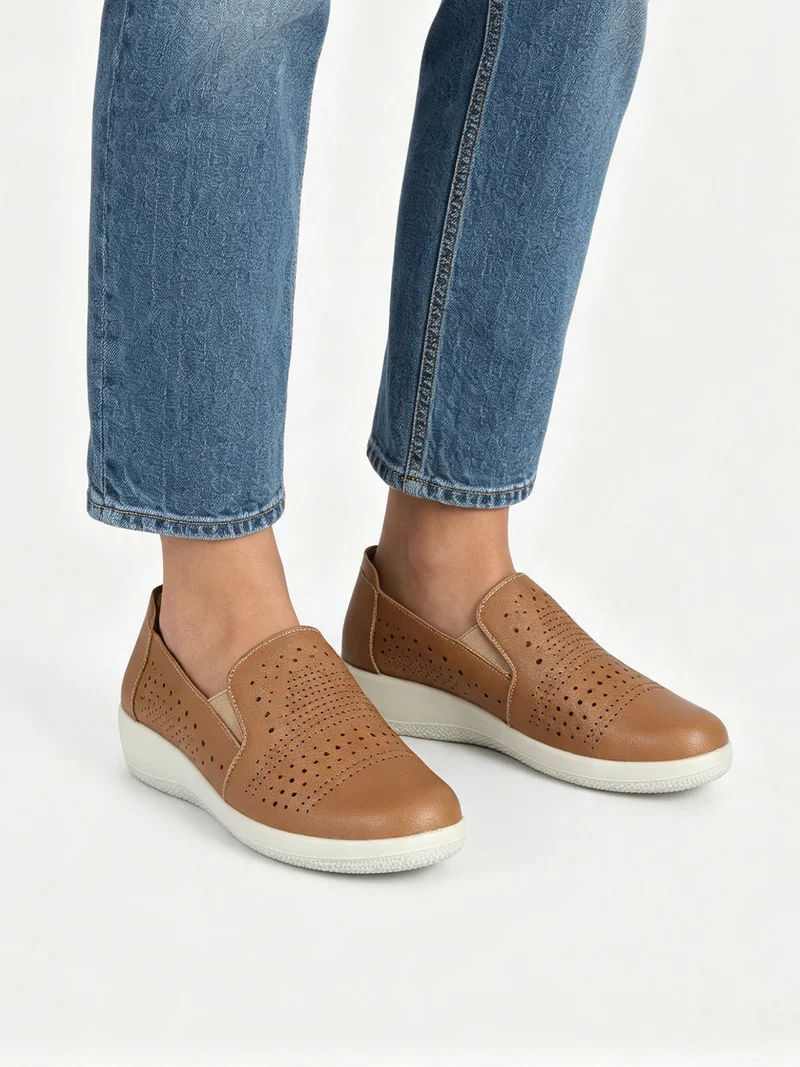 Mocassini donna comfort traforati - cammello