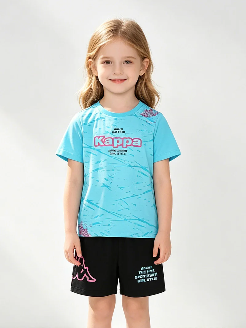 Completo corto 2 pezzi da ragazza in cotone con t-shirt e shorts - turchese