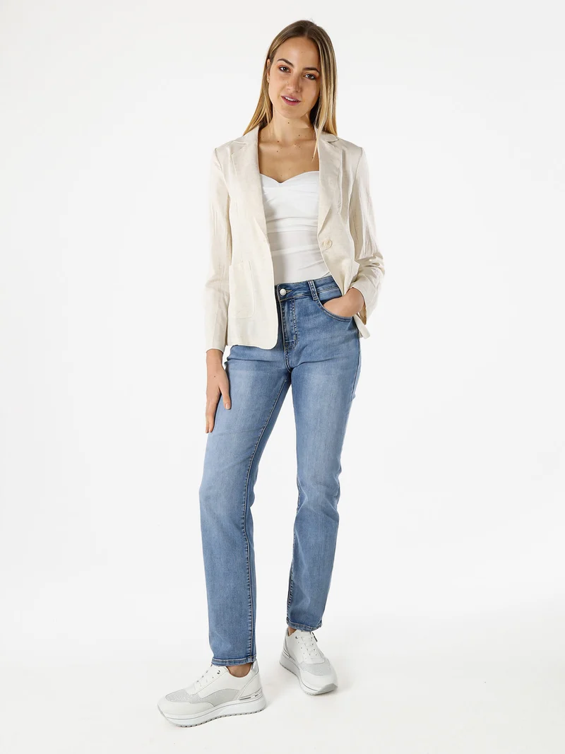 Blazer donna in misto lino con bottone - beige