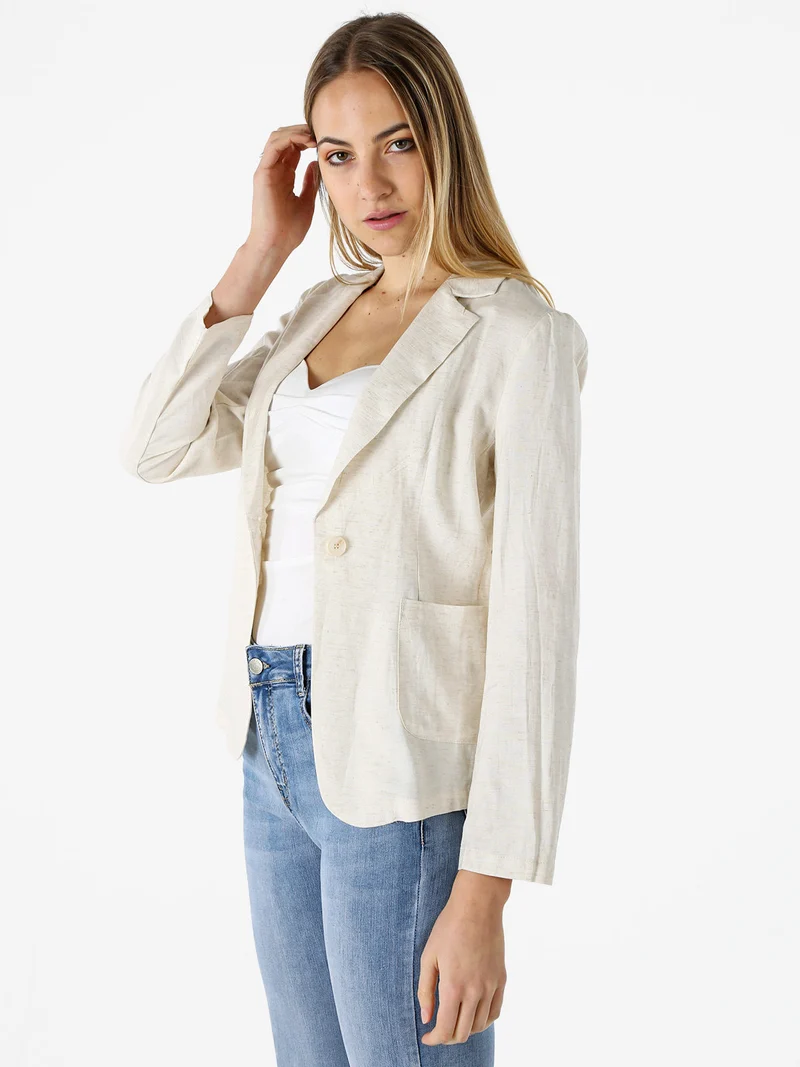 Blazer donna in misto lino con bottone - beige