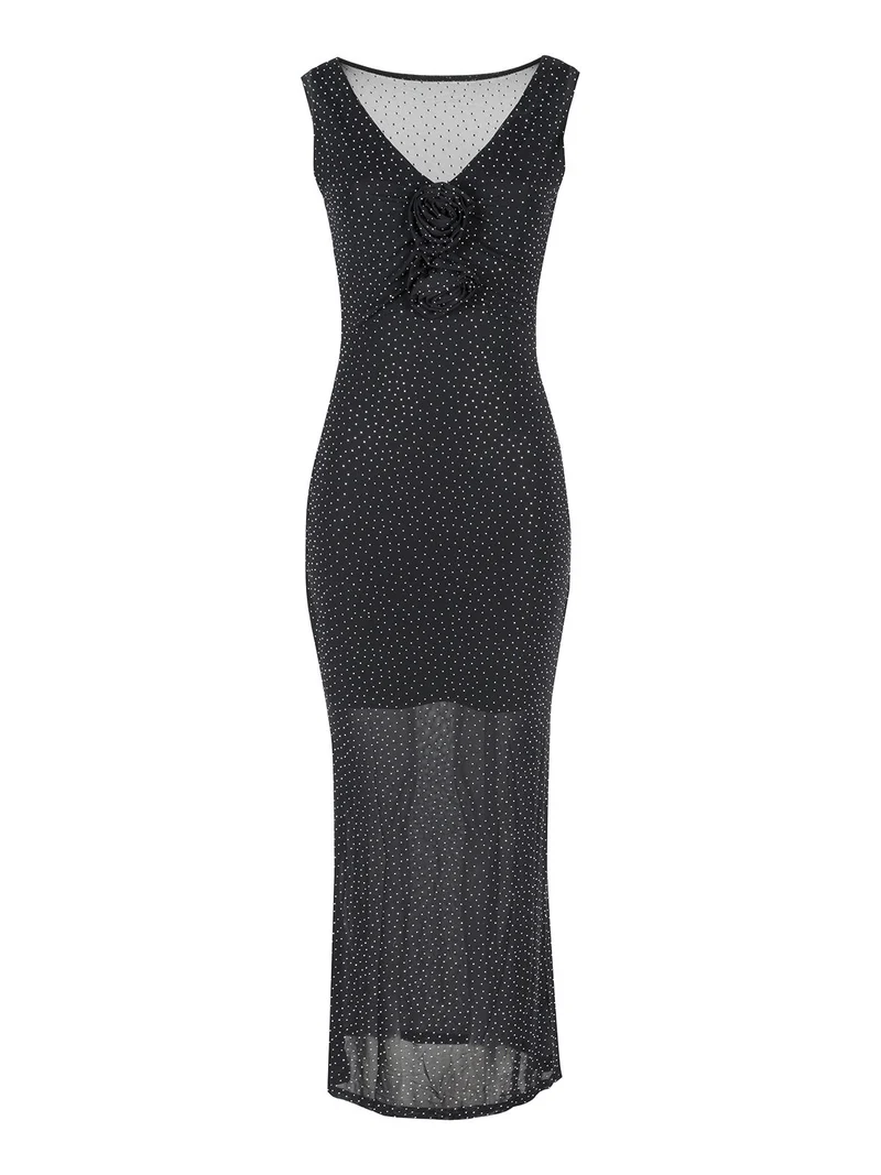 Abito lungo da donna con stass senza maniche - nero