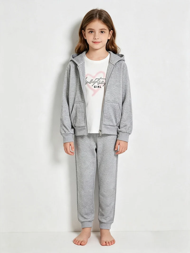 Completo tuta 3 pezzi da bambina con cappuccio e zip - grigio