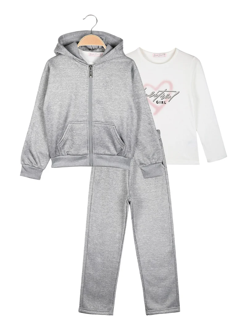Completo tuta 3 pezzi da bambina con cappuccio e zip - grigio