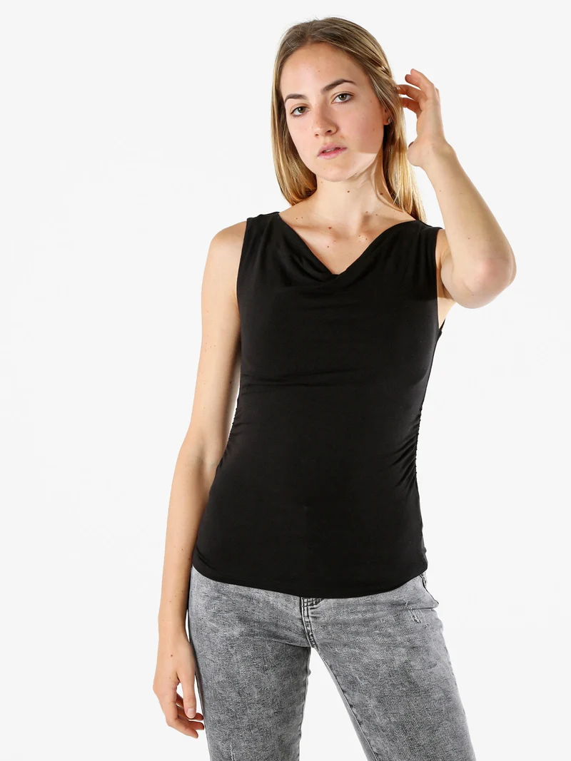 Top donna arricciato sui lati con scollo a cascata - nero