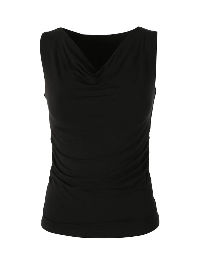 Top donna arricciato sui lati con scollo a cascata - nero