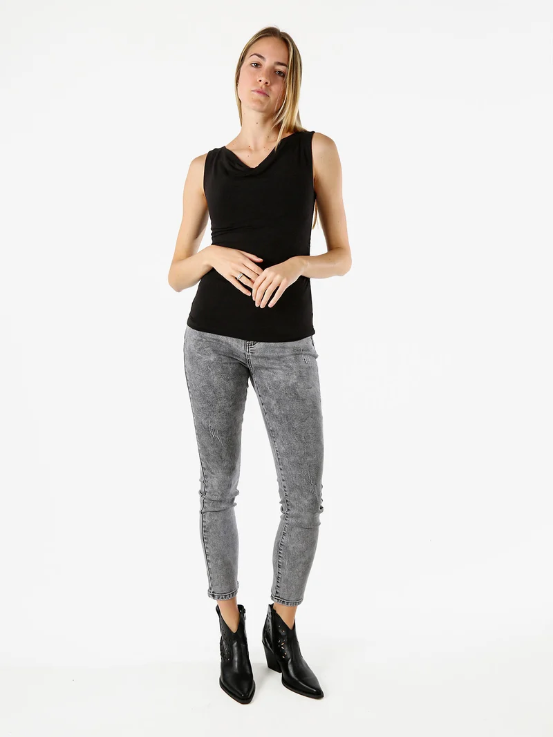 Top donna arricciato sui lati con scollo a cascata - nero