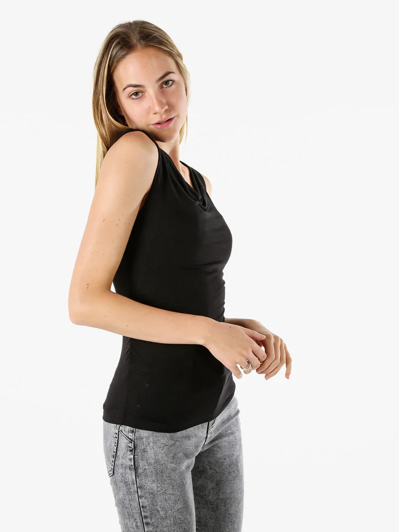 Top donna arricciato sui lati con scollo a cascata - nero