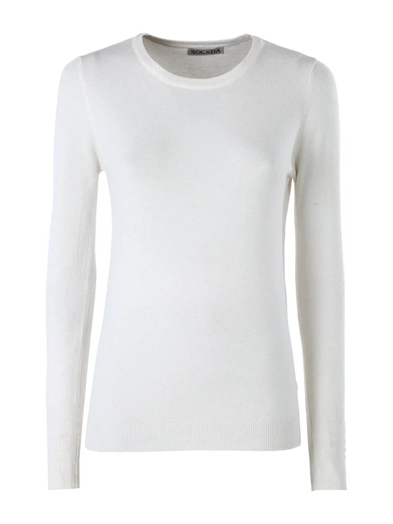 Pullover girocollo da donna con dettagli lurex e finti bottoni dorati - beige