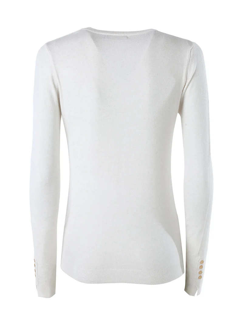 Pullover girocollo da donna con dettagli lurex e finti bottoni dorati - beige