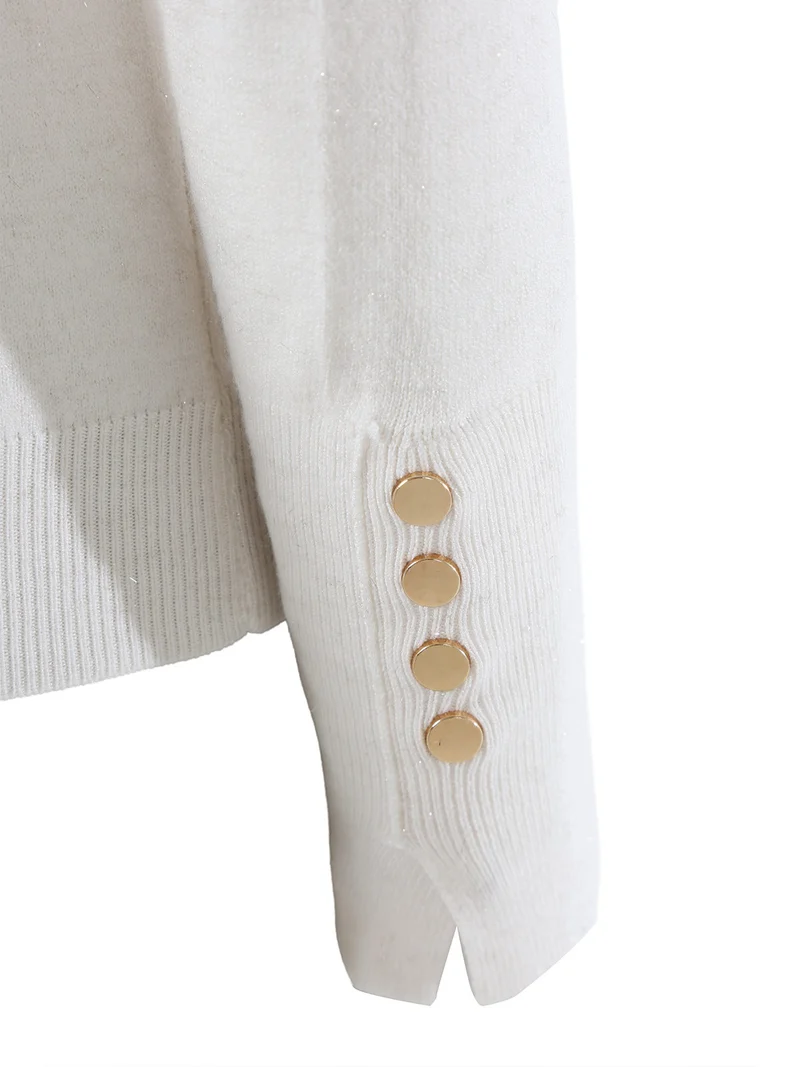 Pullover girocollo da donna con dettagli lurex e finti bottoni dorati - beige