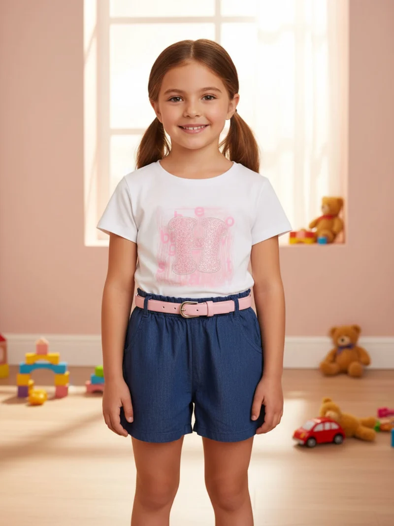 Completo corto da bambina con t-shirt e shorts effetto jeans con cintura - rosa