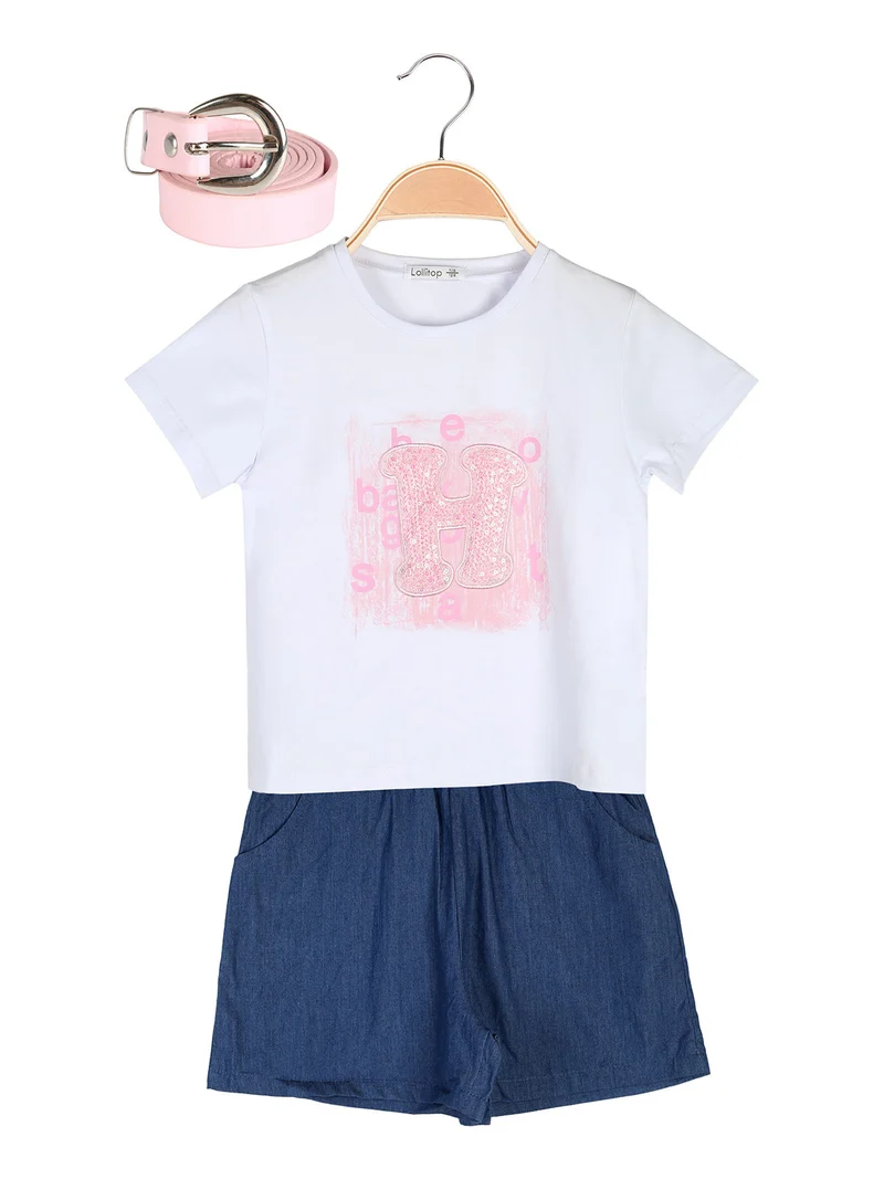 Completo corto da bambina con t-shirt e shorts effetto jeans con cintura - rosa