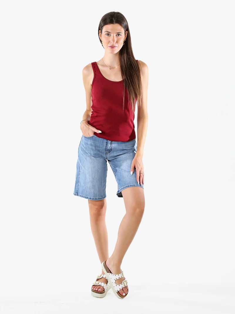 Top da donna in cotone elasticizzato a costine - bordeaux