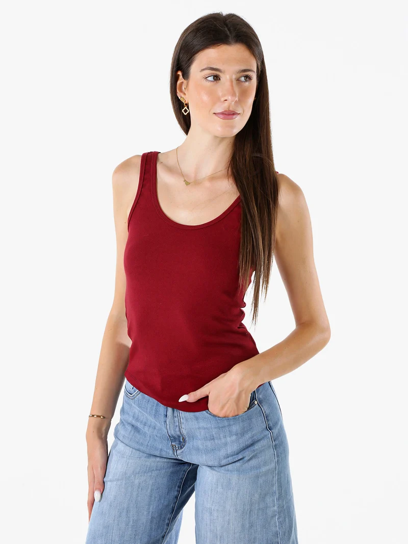 Top da donna in cotone elasticizzato a costine - bordeaux