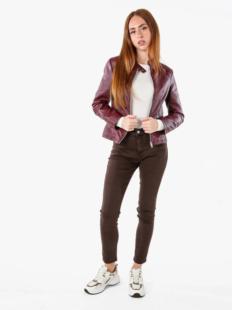Giacca in ecopelle da donna con zip - bordeaux