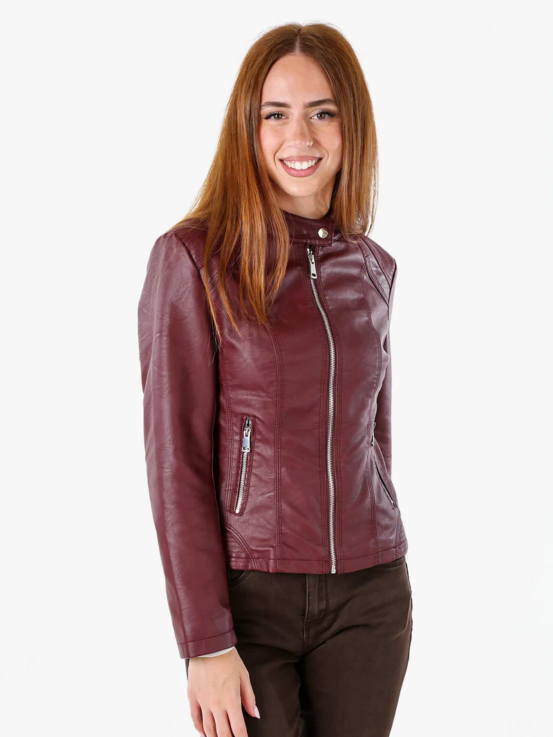 Giacca in ecopelle da donna con zip - bordeaux