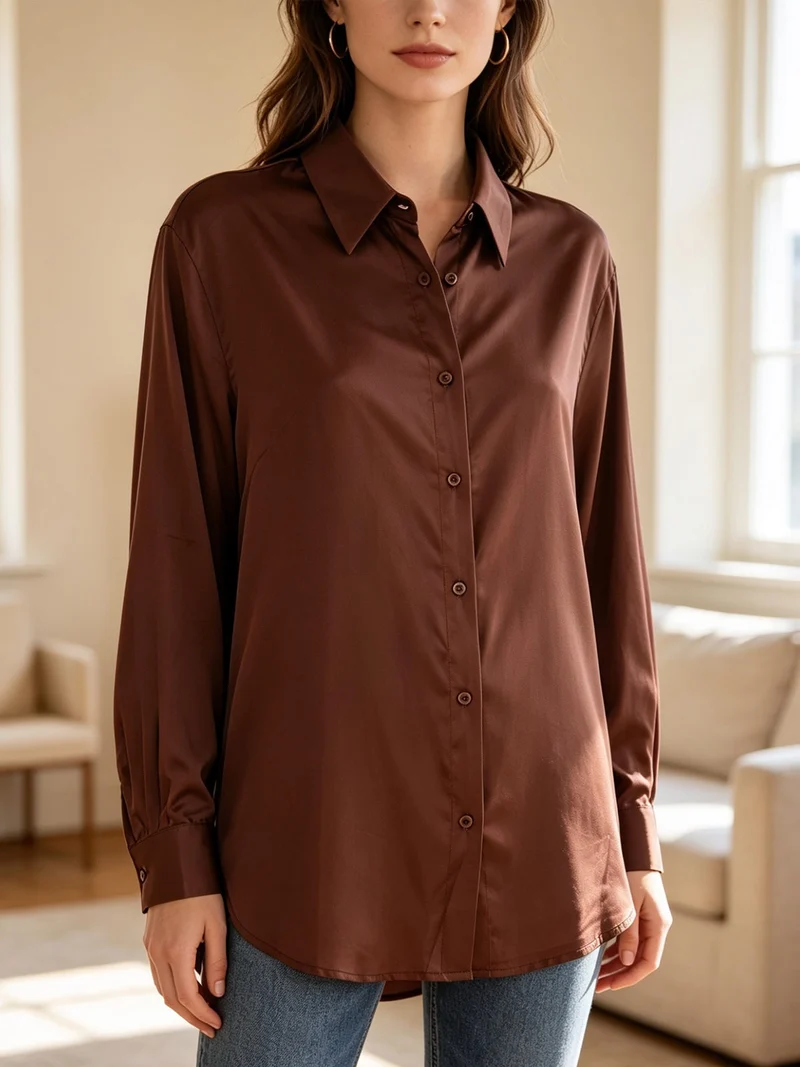 Camicia donna a maniche lunghe in tessuto simil raso - moro