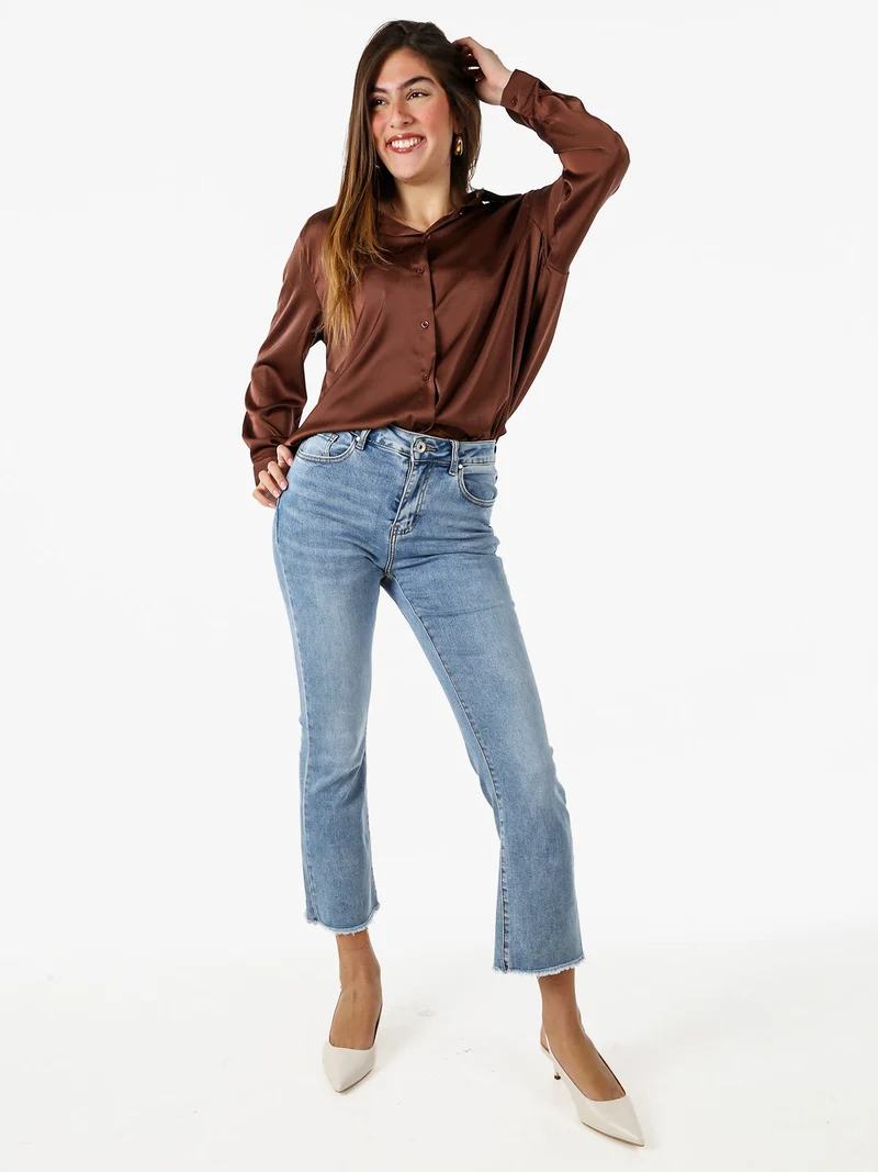 Camicia donna a maniche lunghe in tessuto simil raso - moro