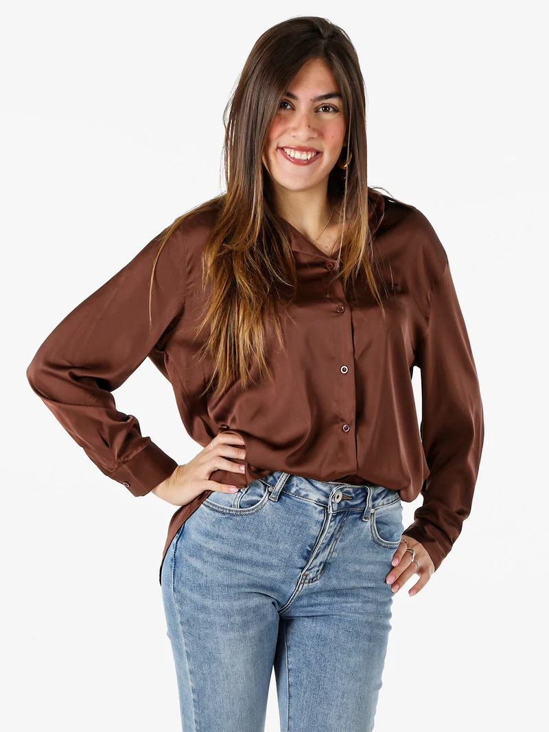 Camicia donna a maniche lunghe in tessuto simil raso - moro