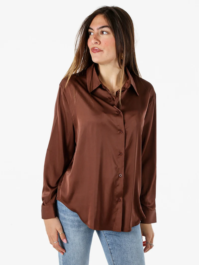 Camicia donna a maniche lunghe in tessuto simil raso - moro