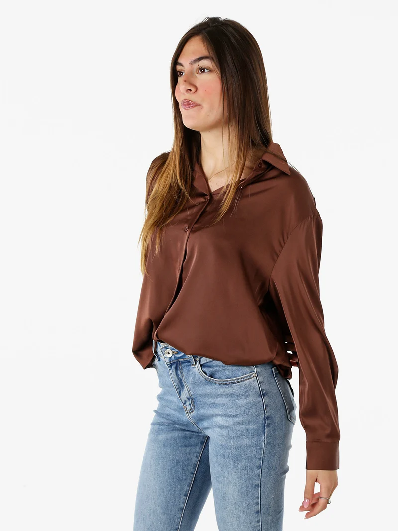 Camicia donna a maniche lunghe in tessuto simil raso - moro