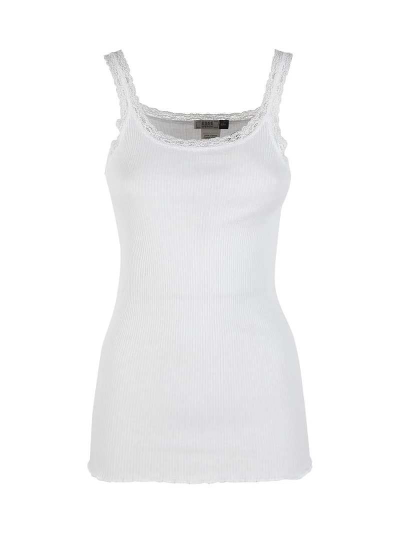 Canotta donna girocollo a costine con pizzo - bianco