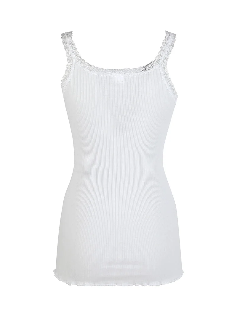 Canotta donna girocollo a costine con pizzo - bianco