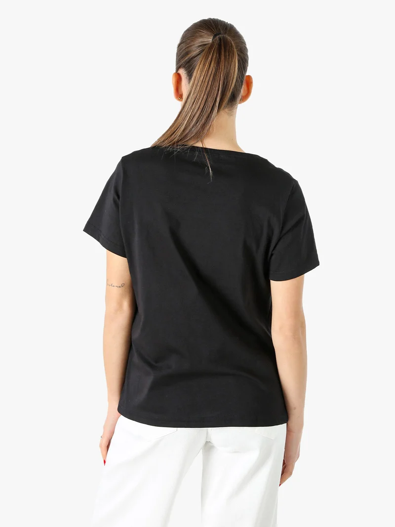 T-shirt donna in cotone con logo di strass - nero