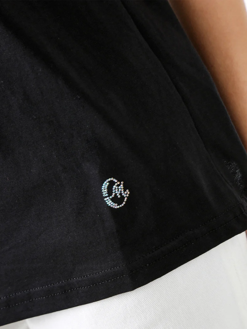 T-shirt donna in cotone con logo di strass - nero