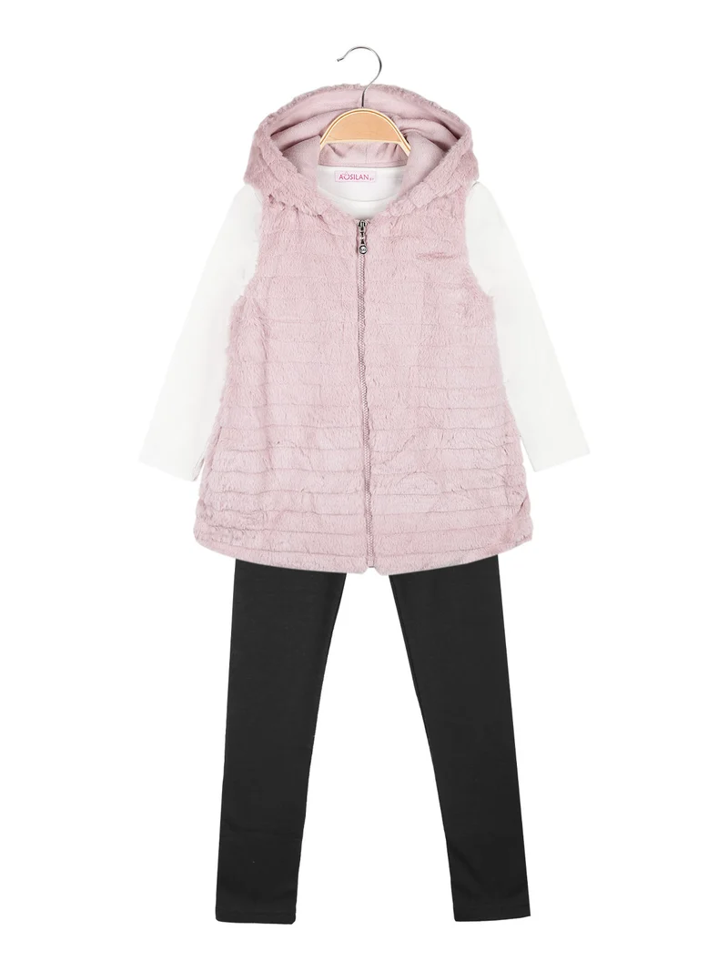 Completo 3 pezzi da bambina con ecopelliccia - rosa