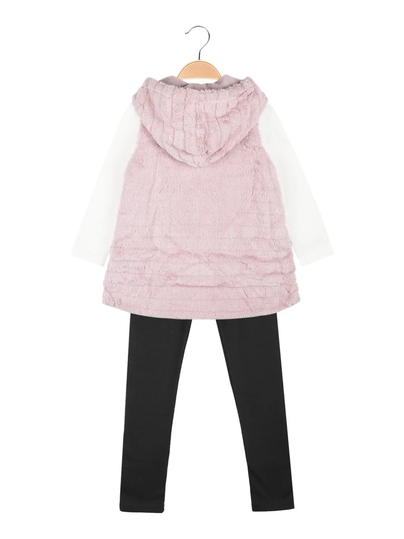 Completo 3 pezzi da bambina con ecopelliccia - rosa