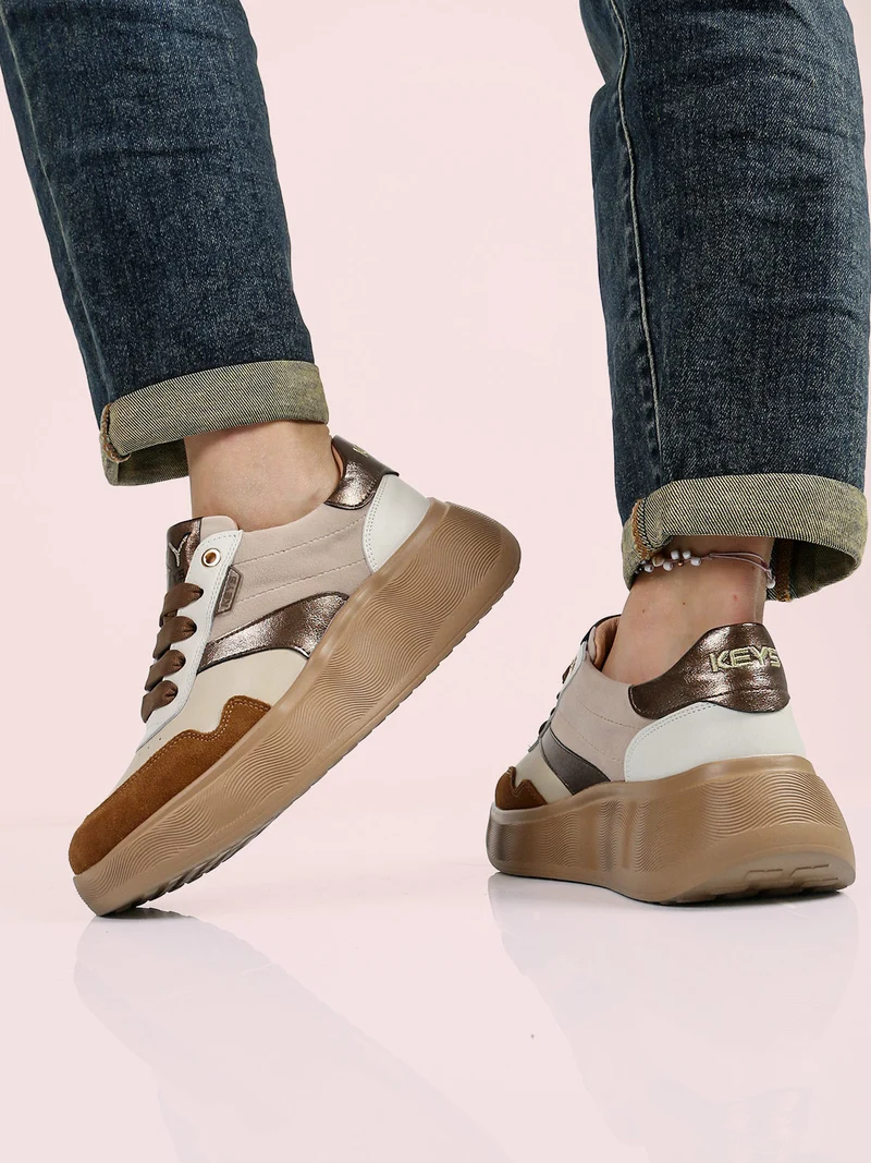 Sneakers donna in pelle con platform - beige