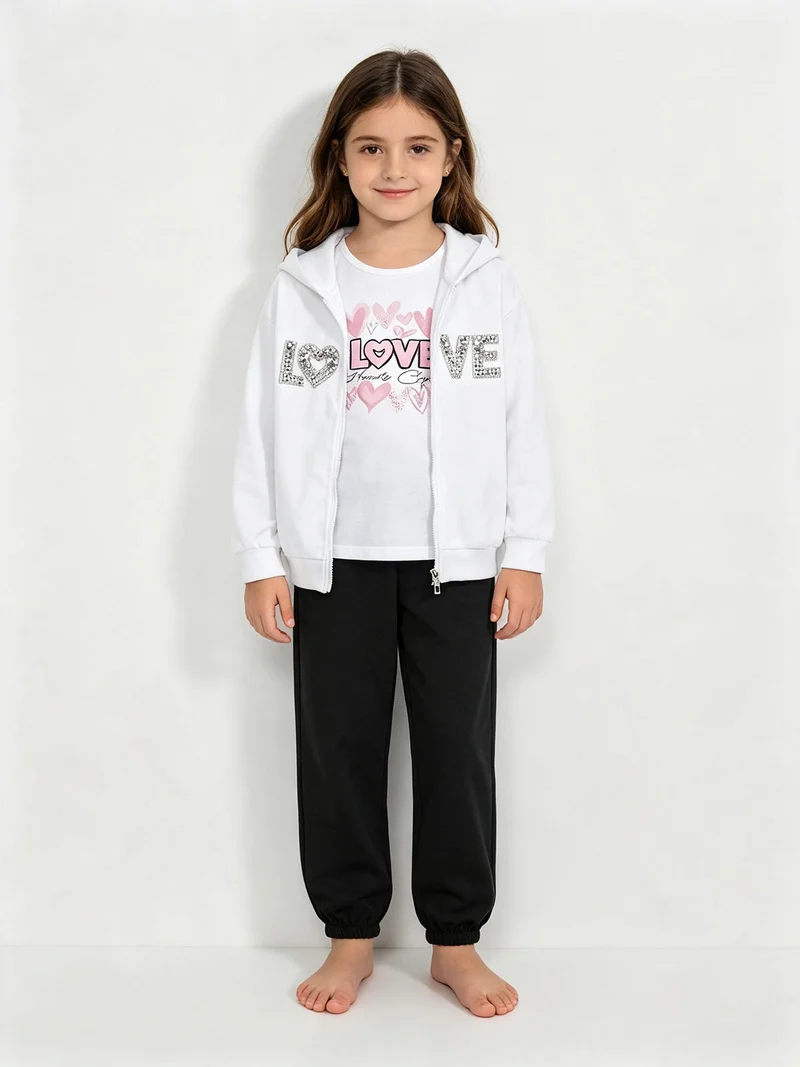 Completo tuta da bambina 3 pezzi con cappuccio e zip - bianco