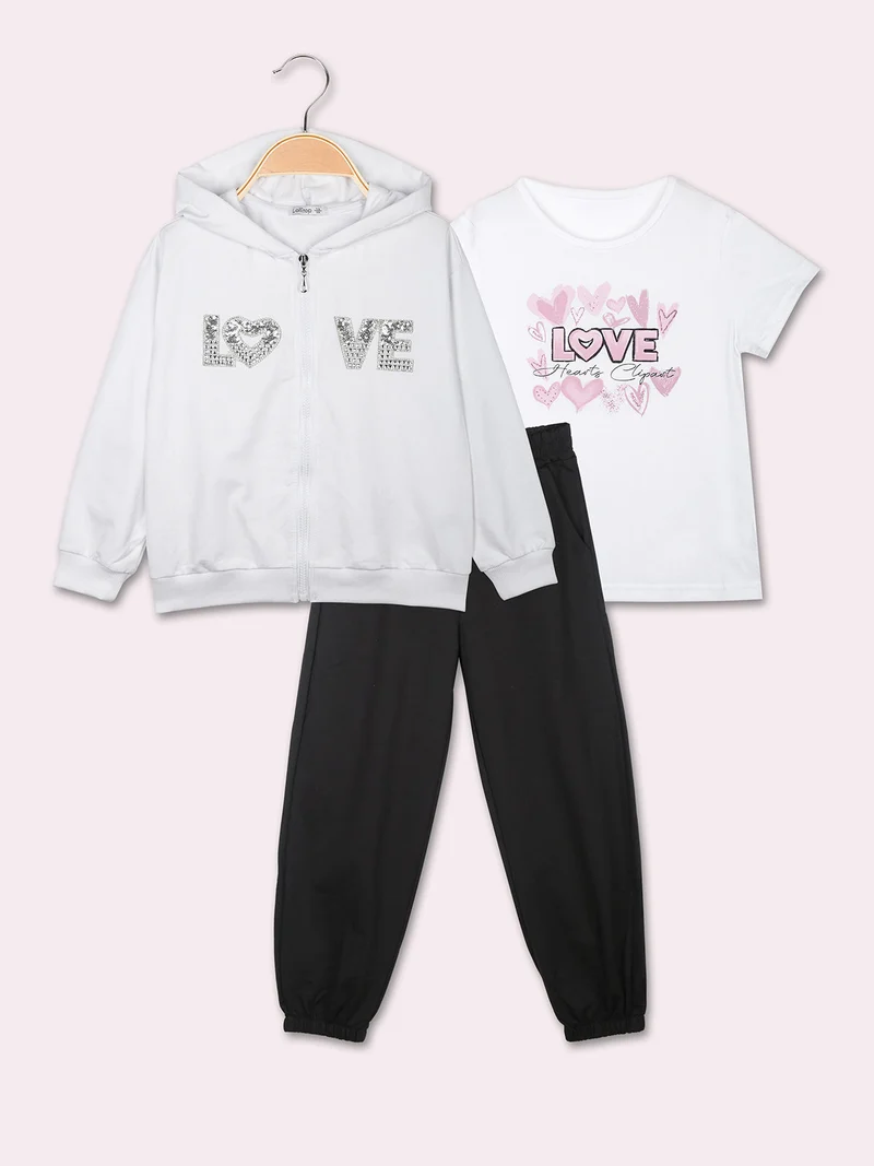 Completo tuta da bambina 3 pezzi con cappuccio e zip - bianco