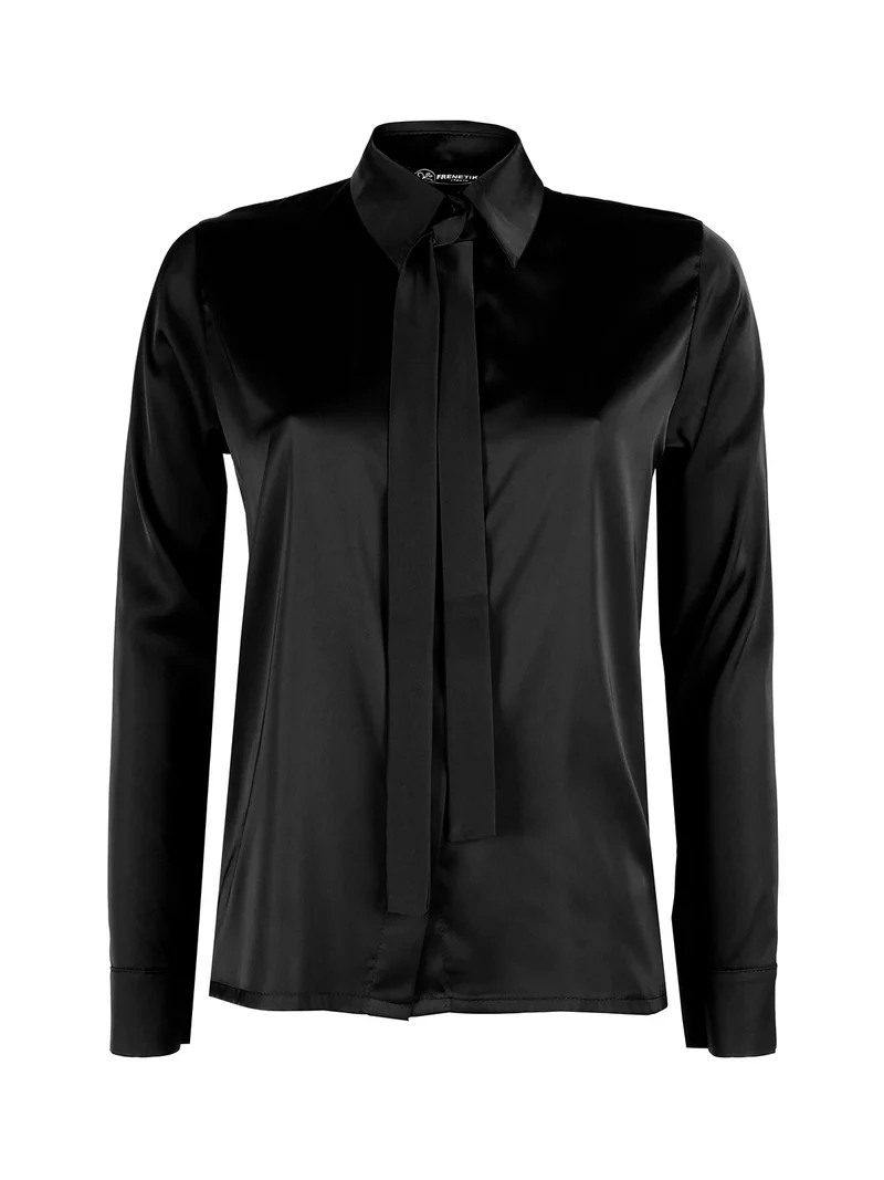 Camicia donna effetto raso con cravattino - nero