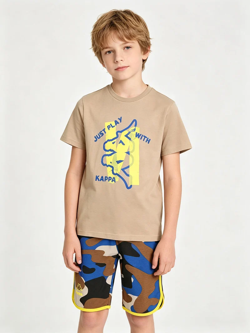 Completo corto 2 pezzi da ragazzo in cotone con t-shirt e bermuda militare - sabbia