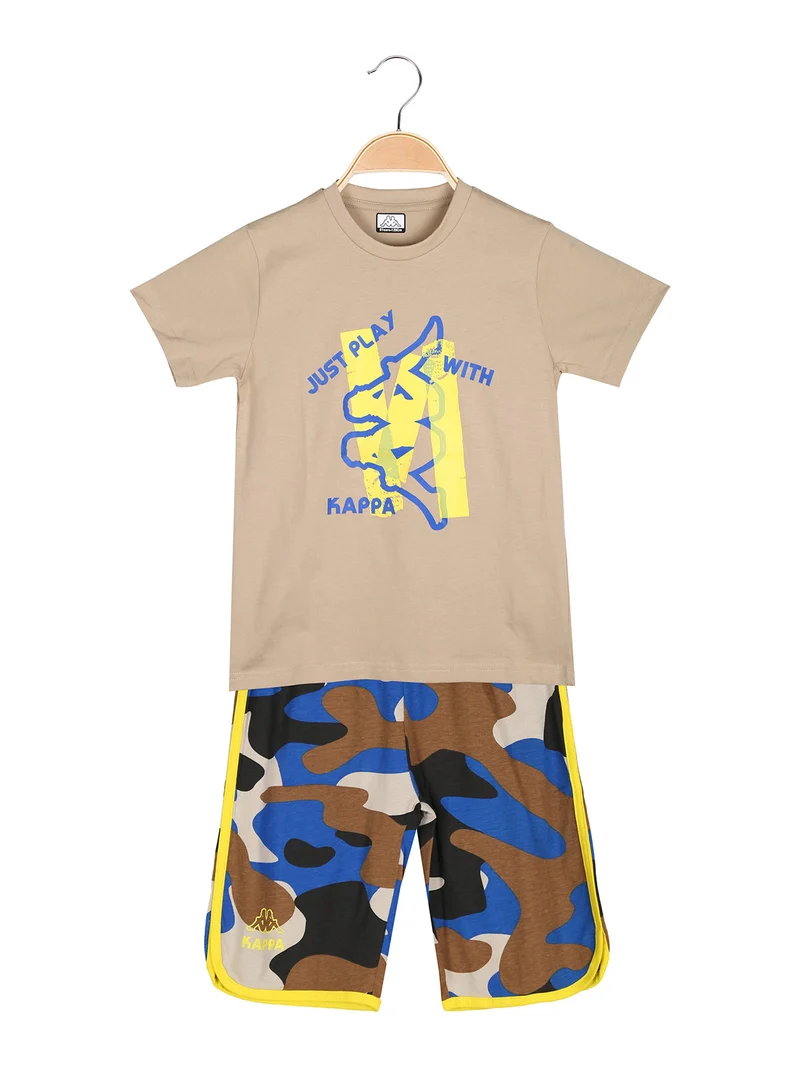 Completo corto 2 pezzi da ragazzo in cotone con t-shirt e bermuda militare - sabbia