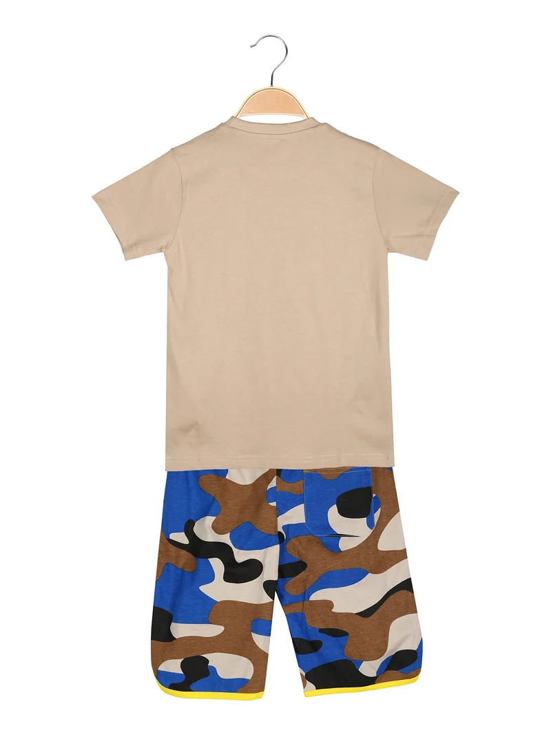 Completo corto 2 pezzi da ragazzo in cotone con t-shirt e bermuda militare - sabbia