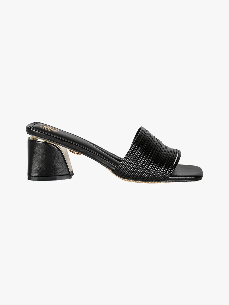 Ciabatte donna con tacco largo a trapezio e fascia decorativa - nero