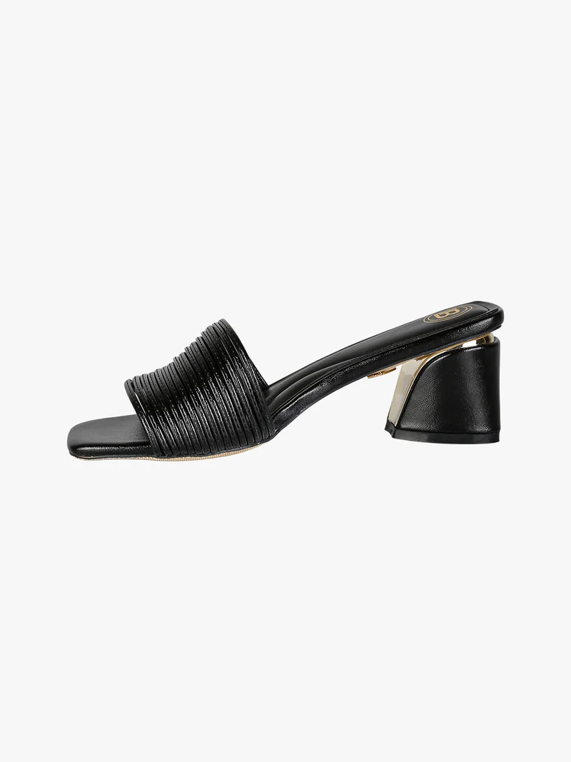 Ciabatte donna con tacco largo a trapezio e fascia decorativa - nero