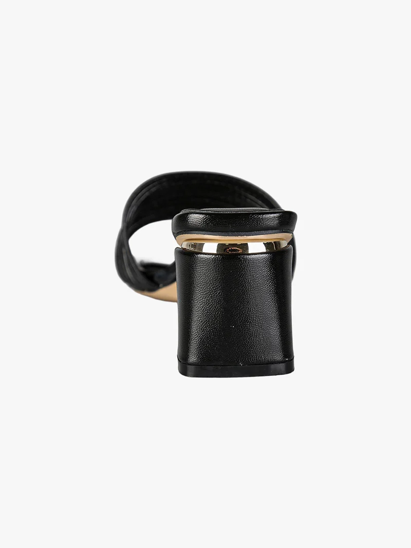 Ciabatte donna con tacco largo a trapezio e fascia decorativa - nero