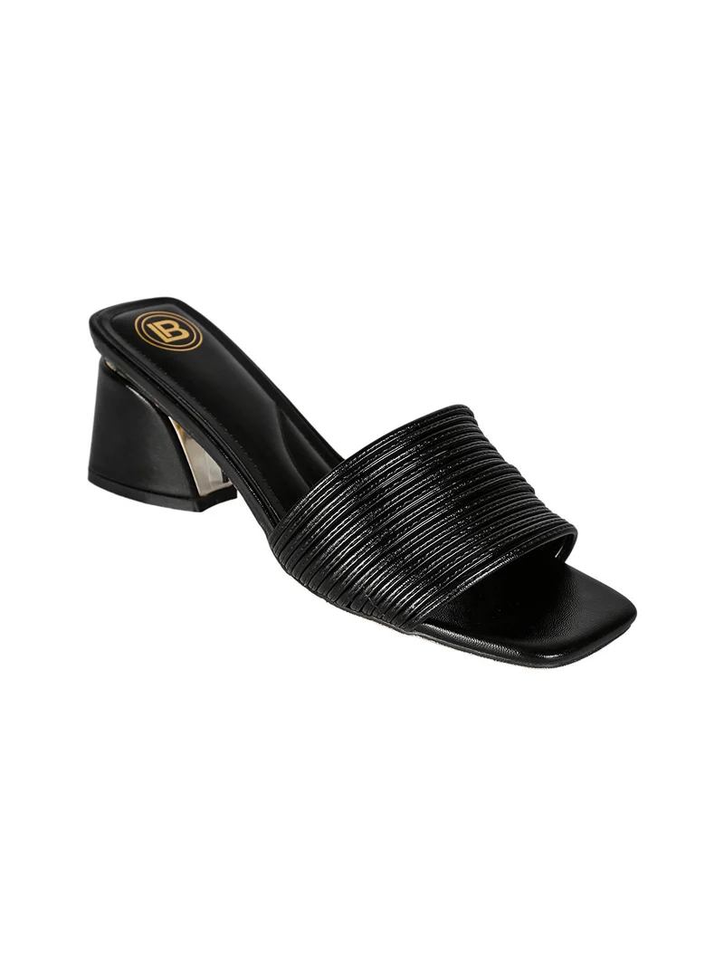 Ciabatte donna con tacco largo a trapezio e fascia decorativa - nero