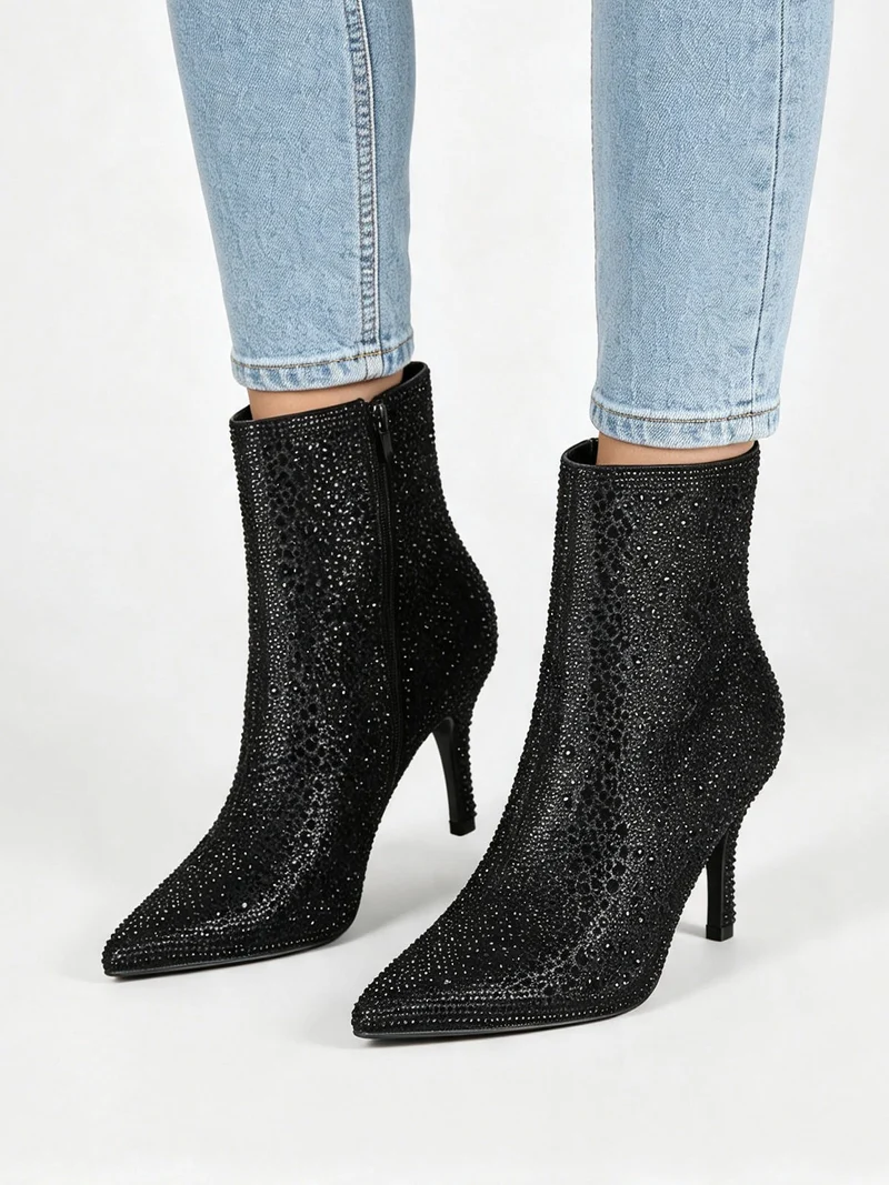 Stivaletti donna con tacco a spillo e micro borchie - nero