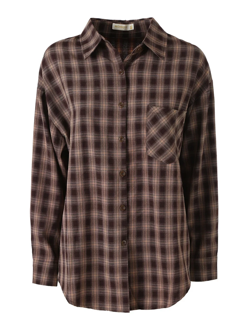 Camicia donna a maniche lunghe con stampa a quadri e taschino - marrone